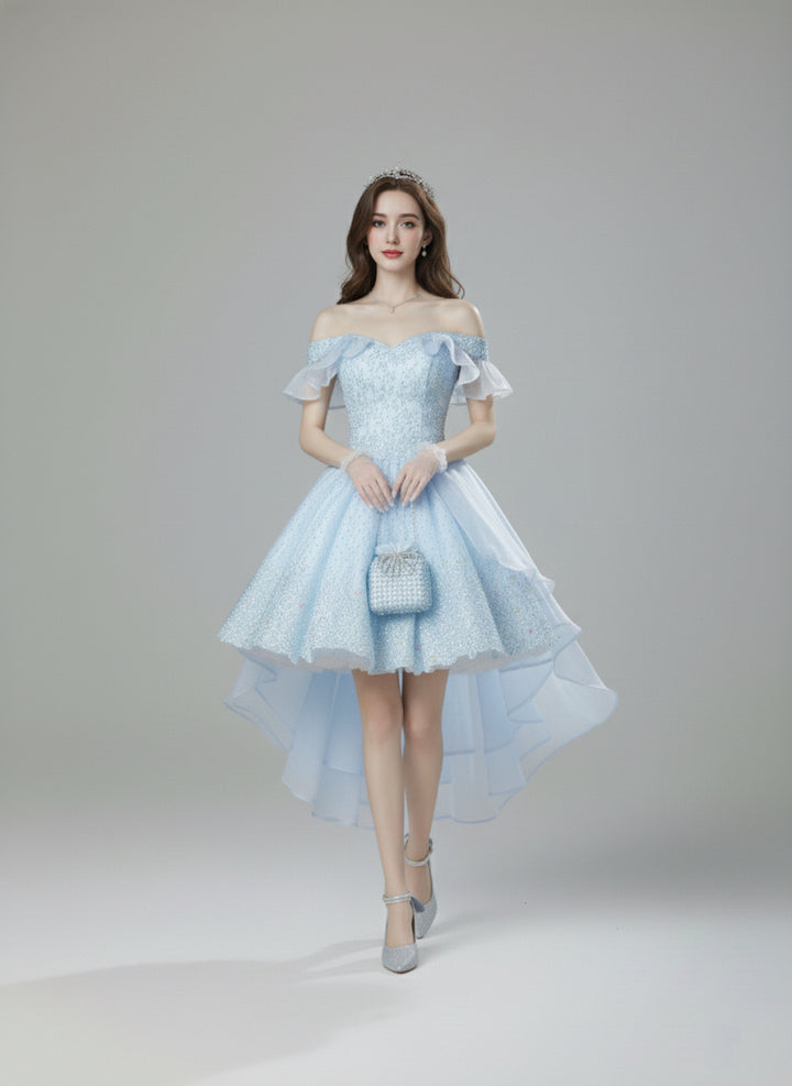 Light Blue Lolita Dress with Off-Shoulder - Short Evening Dress with Layered Ruffles – Lace Lolita Dress Plus Size