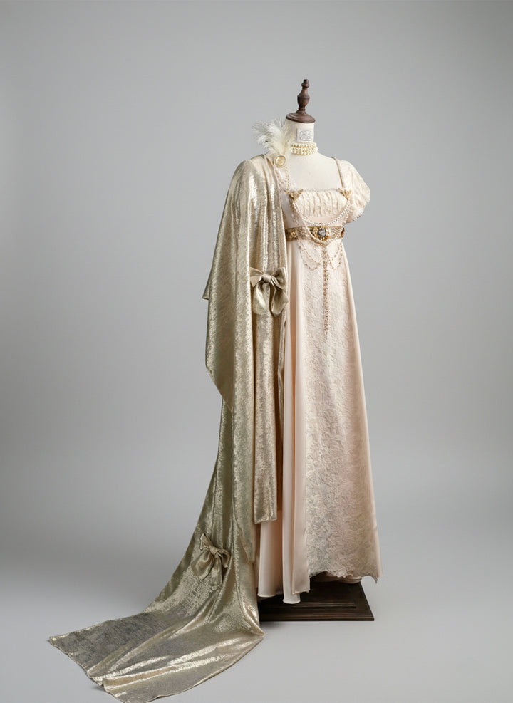 Champagne Regency Era Empire Waist Dress with Puff Sleeves and Lace Panel – Bridgerton Inspired Regency Era Dress with Gold Details Plus Size