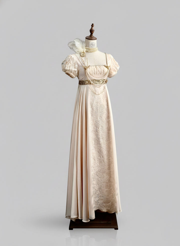 Champagne Regency Era Empire Waist Dress with Puff Sleeves and Lace Panel – Bridgerton Inspired Regency Era Dress with Gold Details Plus Size