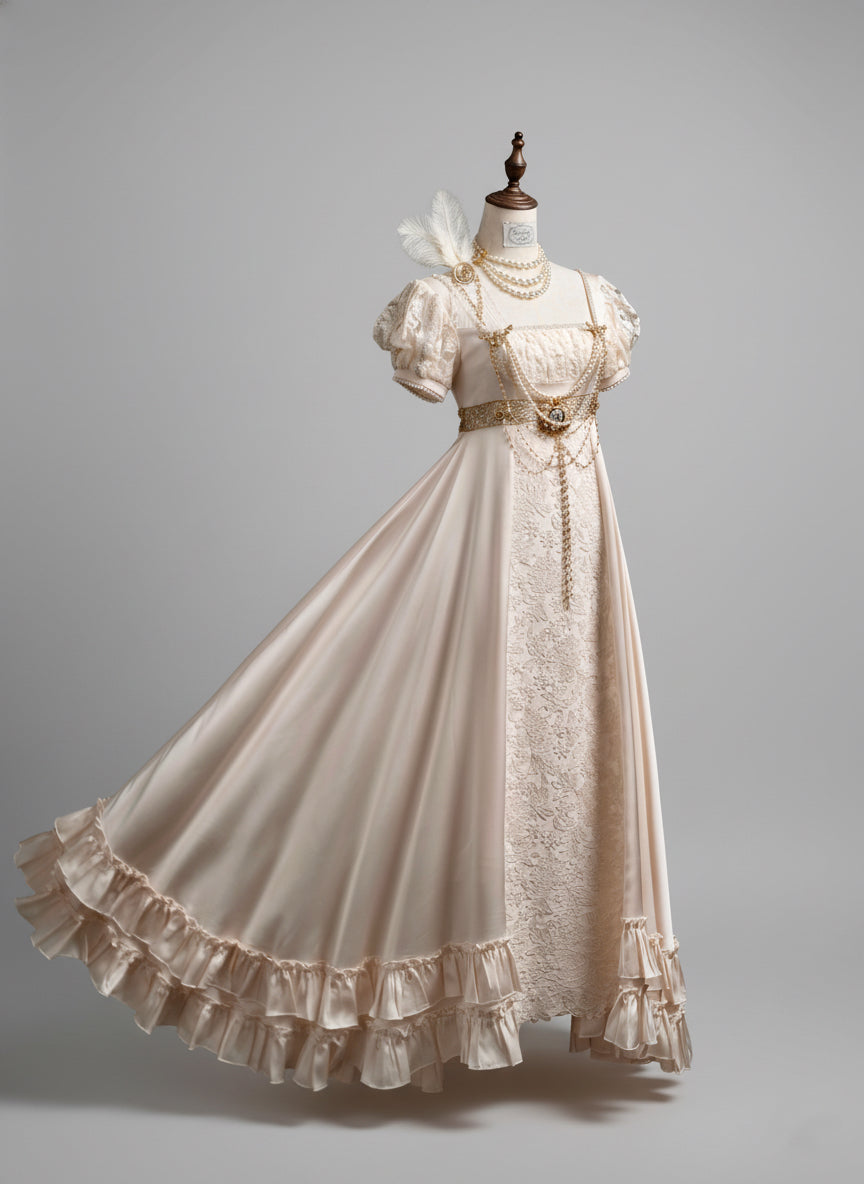 Champagne Regency Era Empire Waist Dress with Puff Sleeves and Lace Panel – Bridgerton Inspired Regency Era Dress with Gold Details Plus Size
