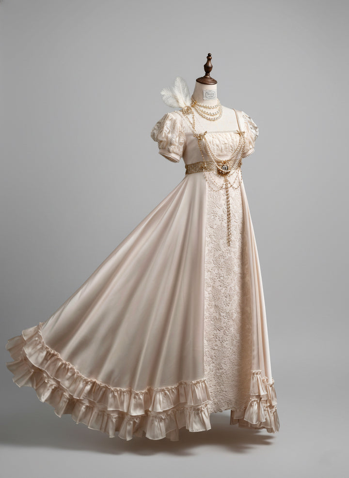 Champagne Regency Era Empire Waist Dress with Puff Sleeves and Lace Panel – Bridgerton Inspired Regency Era Dress with Gold Details Plus Size