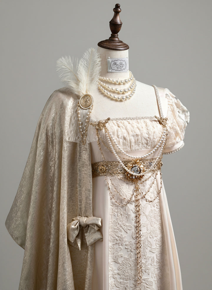 Champagne Regency Era Empire Waist Dress with Puff Sleeves and Lace Panel – Bridgerton Inspired Regency Era Dress with Gold Details Plus Size