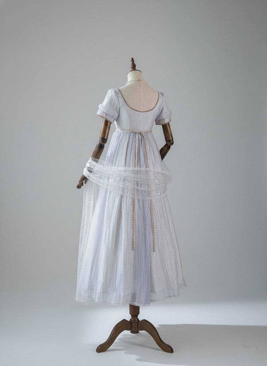 Regency Era Lavender Puprple Empire Waist Dress with Puff Sleeves and Gold Trim – Bridgerton Inspired Regency Era Dress Plus Size