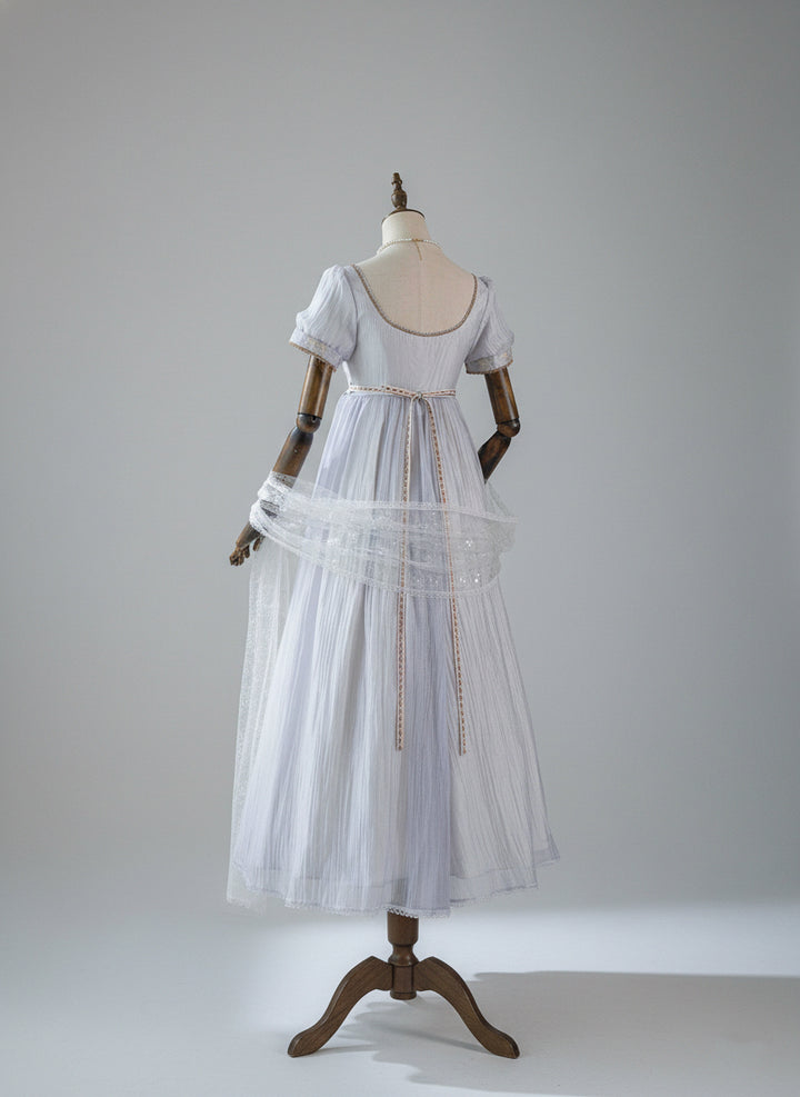 Regency Era Lavender Puprple Empire Waist Dress with Puff Sleeves and Gold Trim – Bridgerton Inspired Regency Era Dress Plus Size