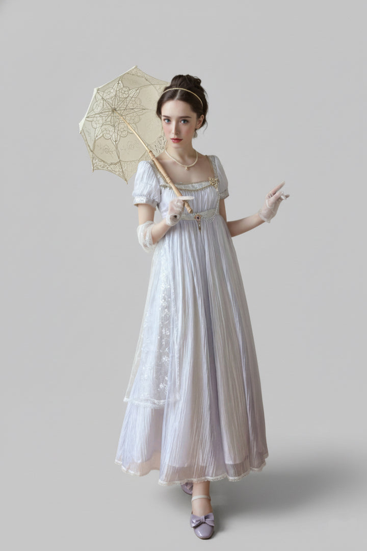 Regency Era Lavender Puprple Empire Waist Dress with Puff Sleeves and Gold Trim – Bridgerton Inspired Regency Era Dress Plus Size