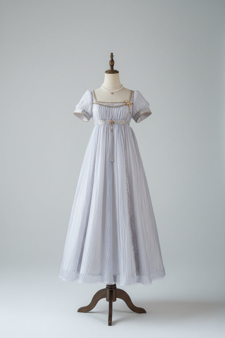 Regency Era Lavender Puprple Empire Waist Dress with Puff Sleeves and Gold Trim – Bridgerton Inspired Regency Era Dress Plus Size