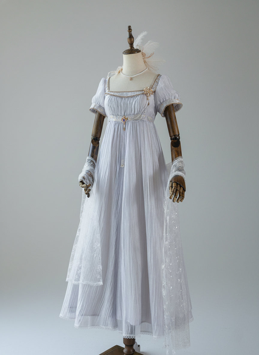 Regency Era Lavender Puprple Empire Waist Dress with Puff Sleeves and Gold Trim – Bridgerton Inspired Regency Era Dress Plus Size