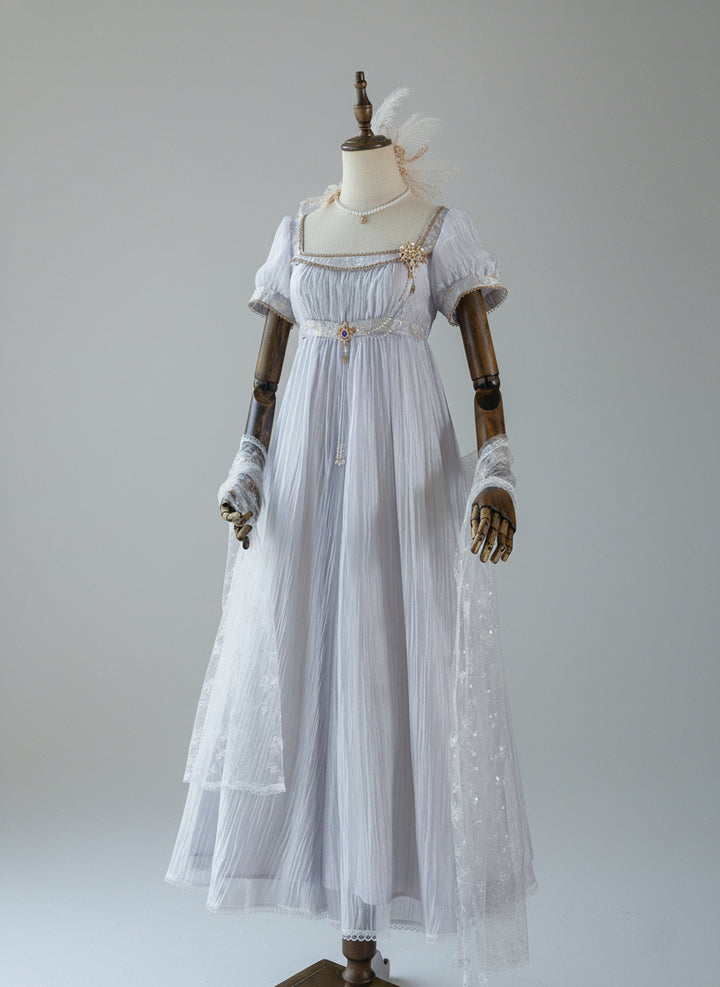 Regency Era Lavender Puprple Empire Waist Dress with Puff Sleeves and Gold Trim – Bridgerton Inspired Regency Era Dress Plus Size