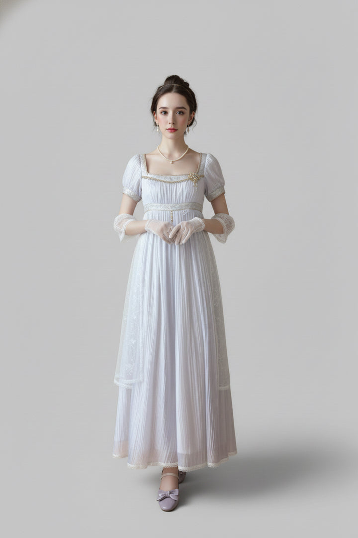 Regency Era Lavender Puprple Empire Waist Dress with Puff Sleeves and Gold Trim – Bridgerton Inspired Regency Era Dress Plus Size
