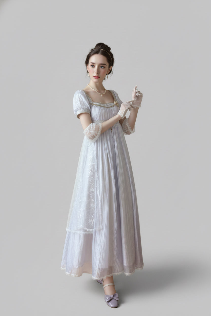 Regency Era Lavender Puprple Empire Waist Dress with Puff Sleeves and Gold Trim – Bridgerton Inspired Regency Era Dress Plus Size