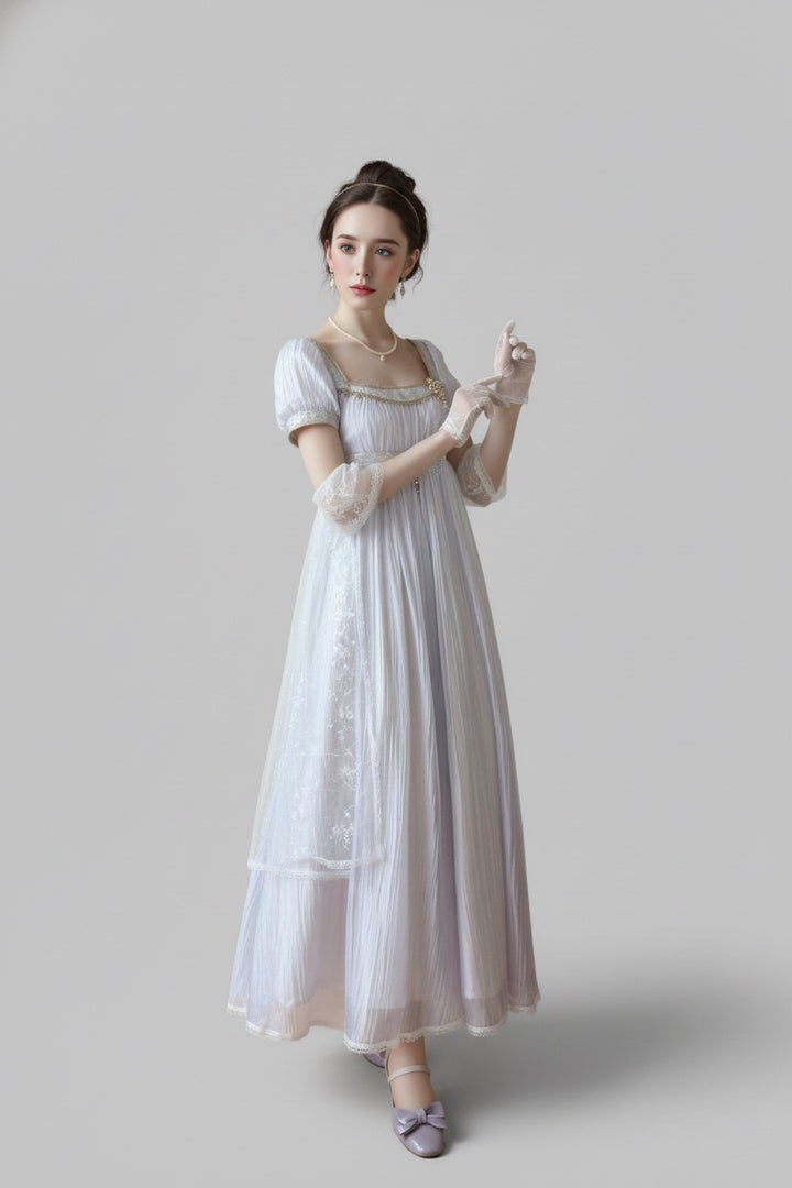 Regency Era Lavender Puprple Empire Waist Dress with Puff Sleeves and Gold Trim – Bridgerton Inspired Regency Era Dress Plus Size
