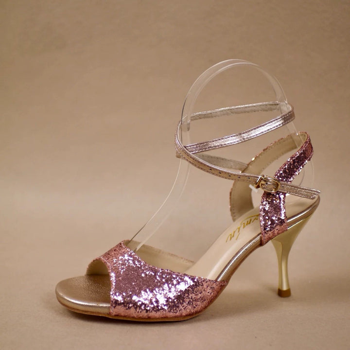 “Sparkle in Motion” – Handmade Rose Gold Glitter Tango Heels