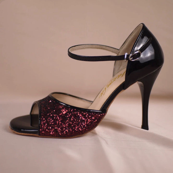 "Crimson Spark" – Handmade Burgundy Glitter & Black Patent Leather Tango Heels