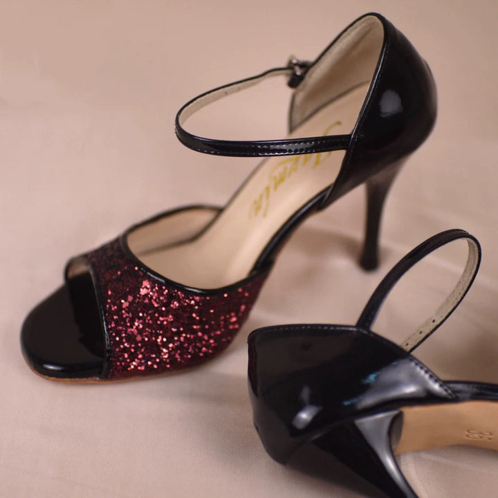 "Crimson Spark" – Handmade Burgundy Glitter & Black Patent Leather Tango Heels