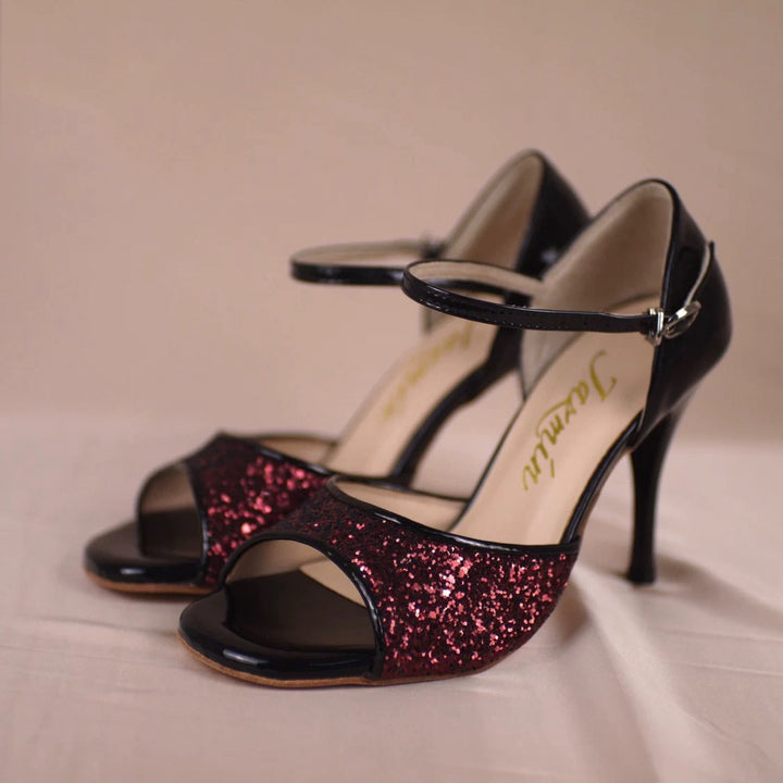 "Crimson Spark" – Handmade Burgundy Glitter & Black Patent Leather Tango Heels