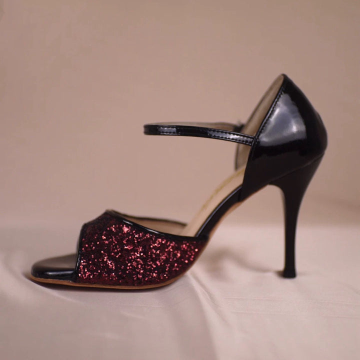 "Crimson Spark" – Handmade Burgundy Glitter & Black Patent Leather Tango Heels