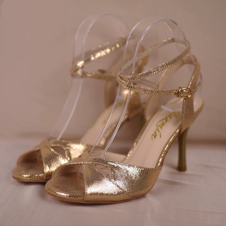 "Golden Muse" – Handmade Champagne Lambskin Tango Heels with Leather Sole