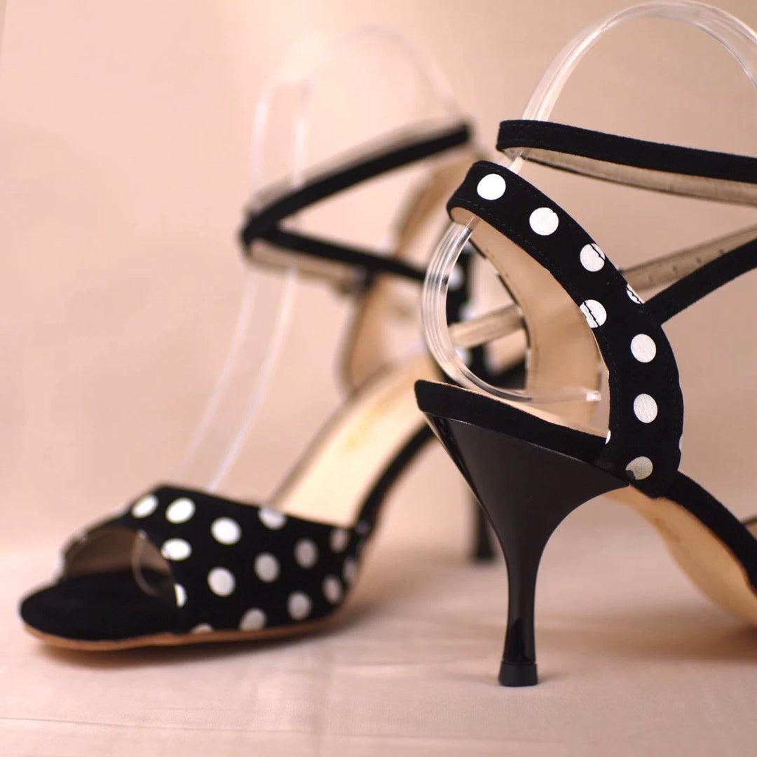 "Rhythm in Dots" – Handmade Black Polka Dot Lambskin Tango Heels