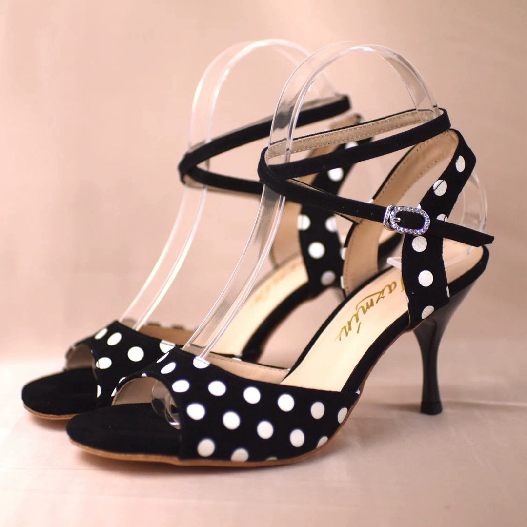 "Rhythm in Dots" – Handmade Black Polka Dot Lambskin Tango Heels