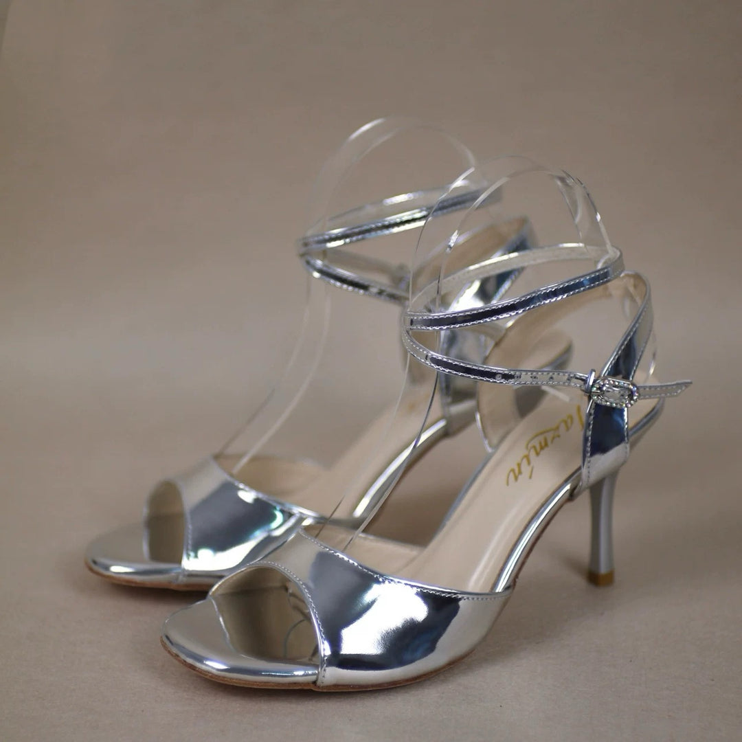 "Moonlight Elegance" – Handmade Silver Lambskin Tango Heels
