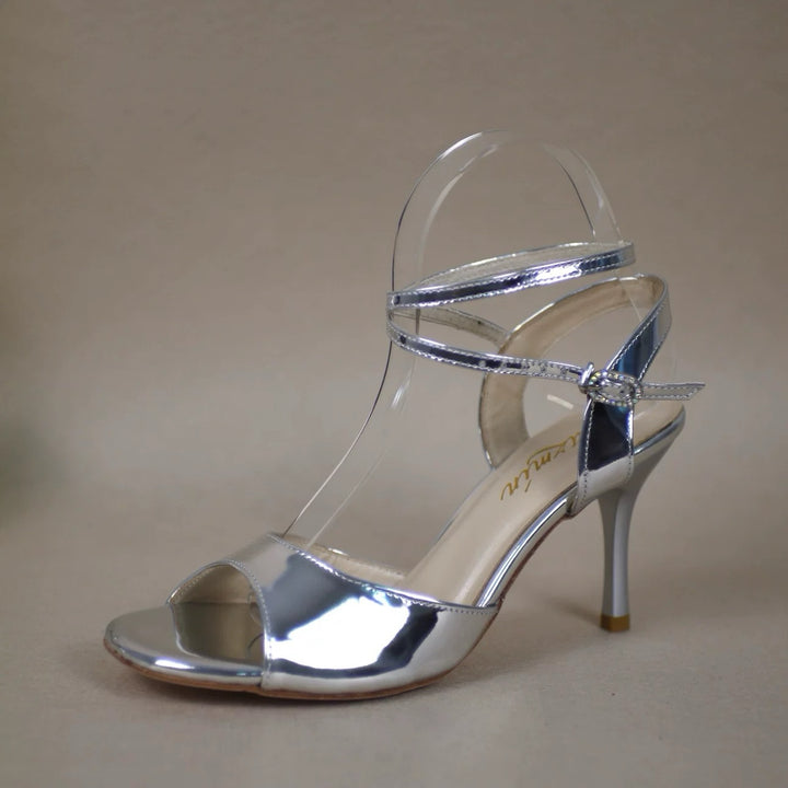 "Moonlight Elegance" – Handmade Silver Lambskin Tango Heels