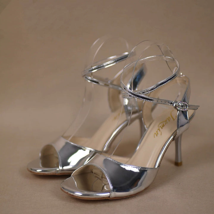 "Moonlight Elegance" – Handmade Silver Lambskin Tango Heels