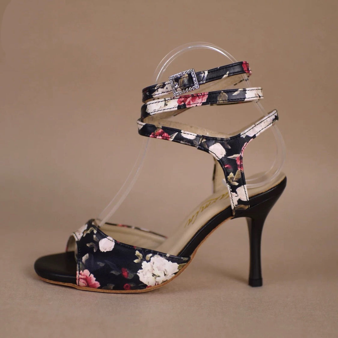 Midnight Garden – Handmade Black Floral Leather Tango Heels