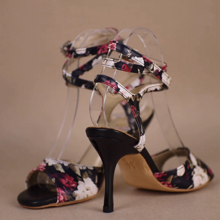 Midnight Garden – Handmade Black Floral Leather Tango Heels