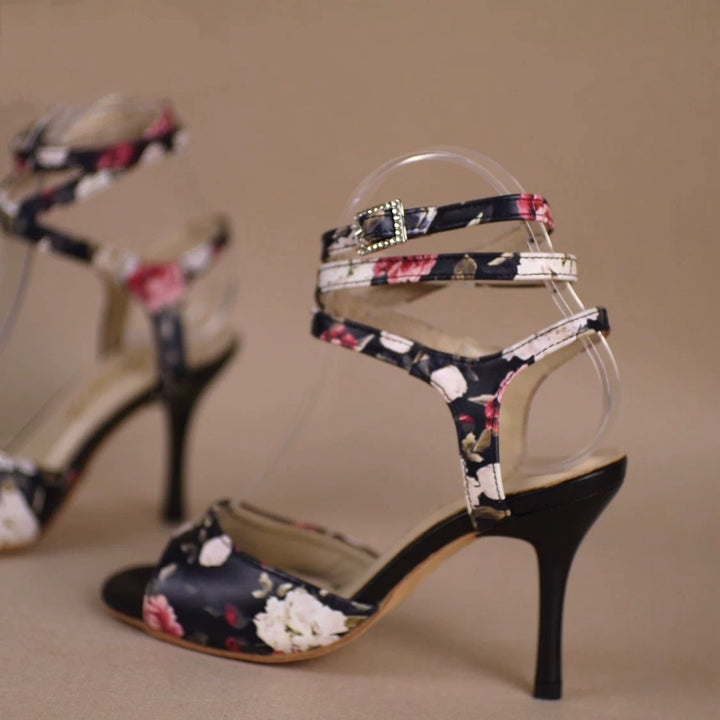 Midnight Garden – Handmade Black Floral Leather Tango Heels