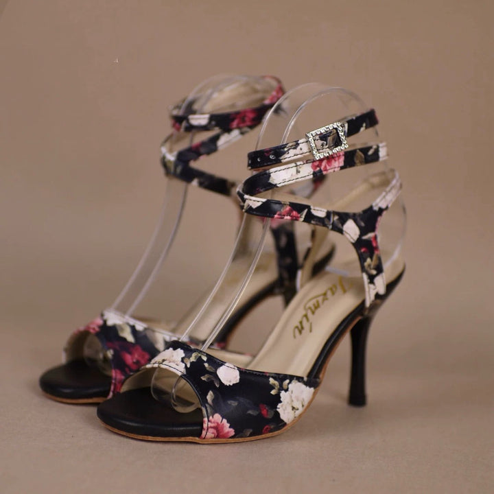 Midnight Garden – Handmade Black Floral Leather Tango Heels