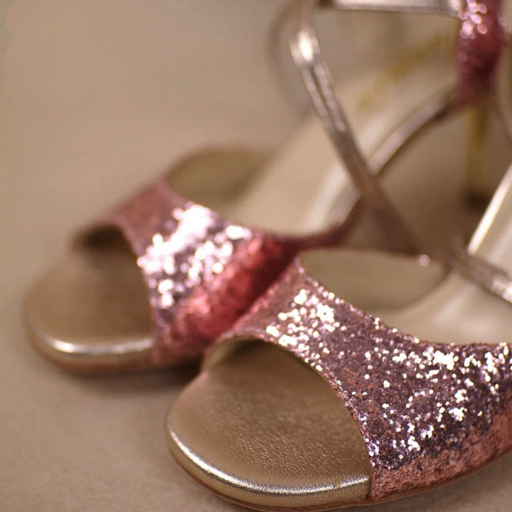 “Sparkle in Motion” – Handmade Rose Gold Glitter Tango Heels