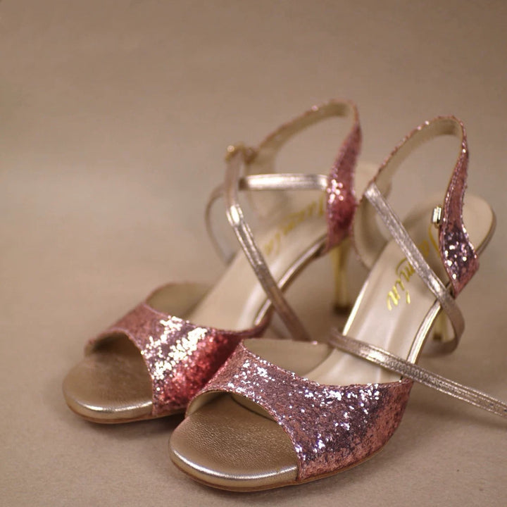“Sparkle in Motion” – Handmade Rose Gold Glitter Tango Heels