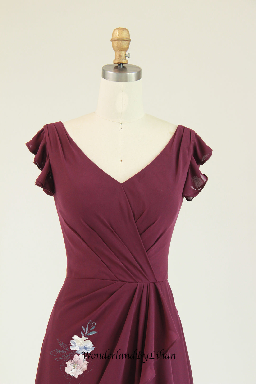Burgundy Chiffon Bridesmaid Dress with Ruffled Cap Sleeves - Burgundy WonderlandByLilian Burgundy Chiffon Bridesmaid Dress with Ruffled Cap Sleeves - Burgundy WonderlandByLilian
