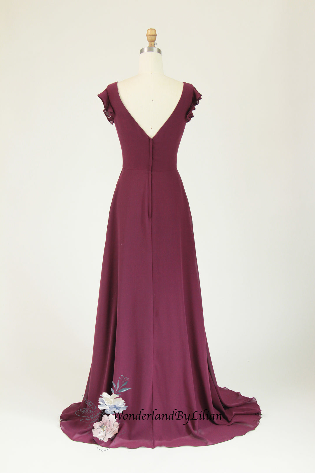 Burgundy Chiffon Bridesmaid Dress with Ruffled Cap Sleeves Burgundy Bridesmaid Dresses with Cascading Detail Multiple Color Plus Size