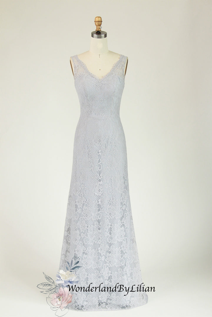 Grey Blue Lace Fit-And-Flare Bridesmaid Dress With V-Neckline - Bridesmaid Prom Dresses with V-Back - Multiple Colors Available - Plus Size