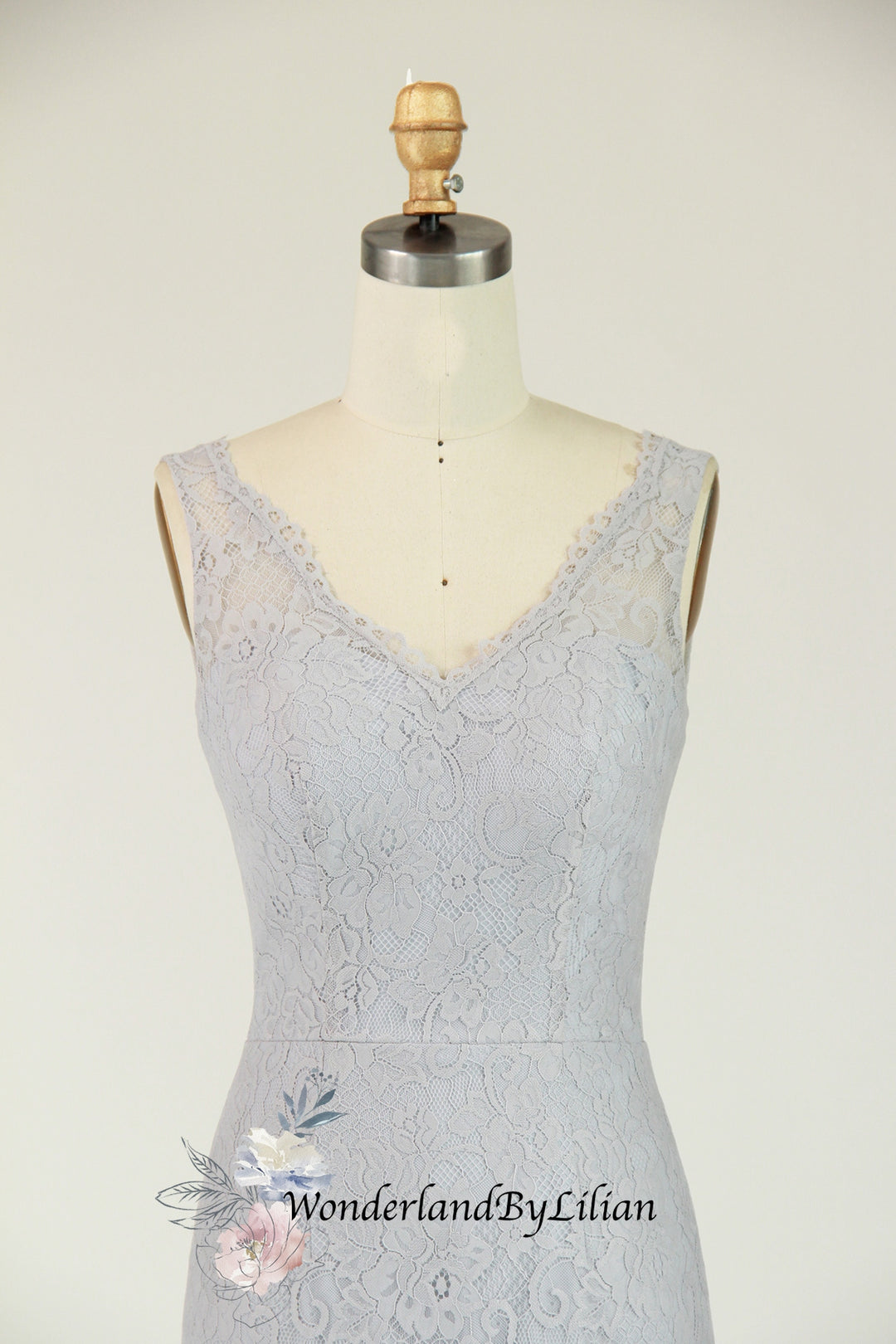 Grey Blue Lace Fit-And-Flare Bridesmaid Dress With V-Neckline - Bridesmaid Prom Dresses with V-Back - Multiple Colors Available - Plus Size