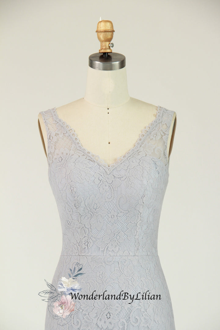 Grey Blue Lace Fit-And-Flare Bridesmaid Dress With V-Neckline - Bridesmaid Prom Dresses with V-Back - Multiple Colors Available - Plus Size