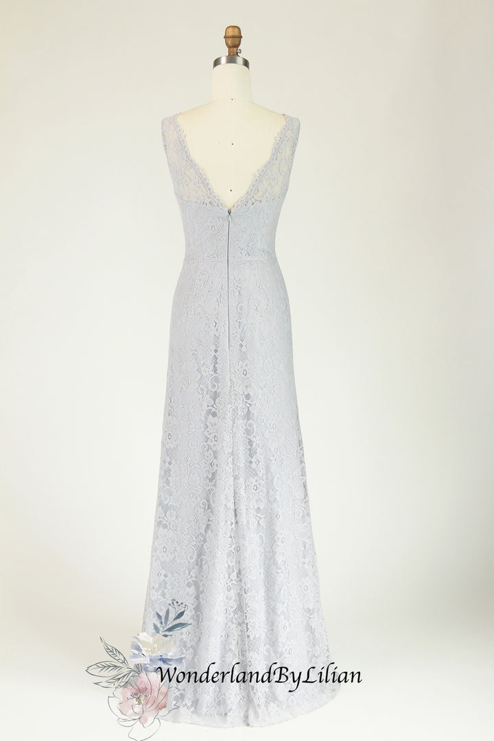 Grey Blue Lace Fit-And-Flare Bridesmaid Dress With V-Neckline - Bridesmaid Prom Dresses with V-Back - Multiple Colors Available - Plus Size