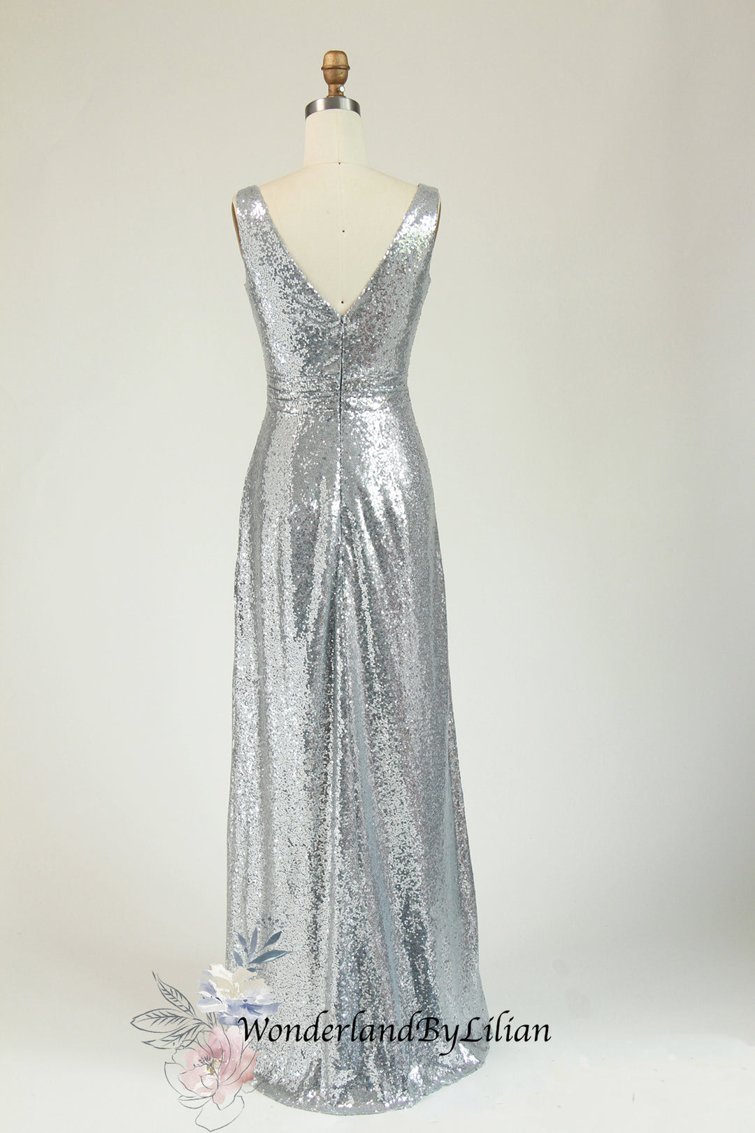 Silver Metallic Sequin V-Neck Bridesmaid Dress with Ruching - Designer WonderlandByLilian Silver Metallic Sequin V-Neck Bridesmaid Dress with Ruching - Designer WonderlandByLilian