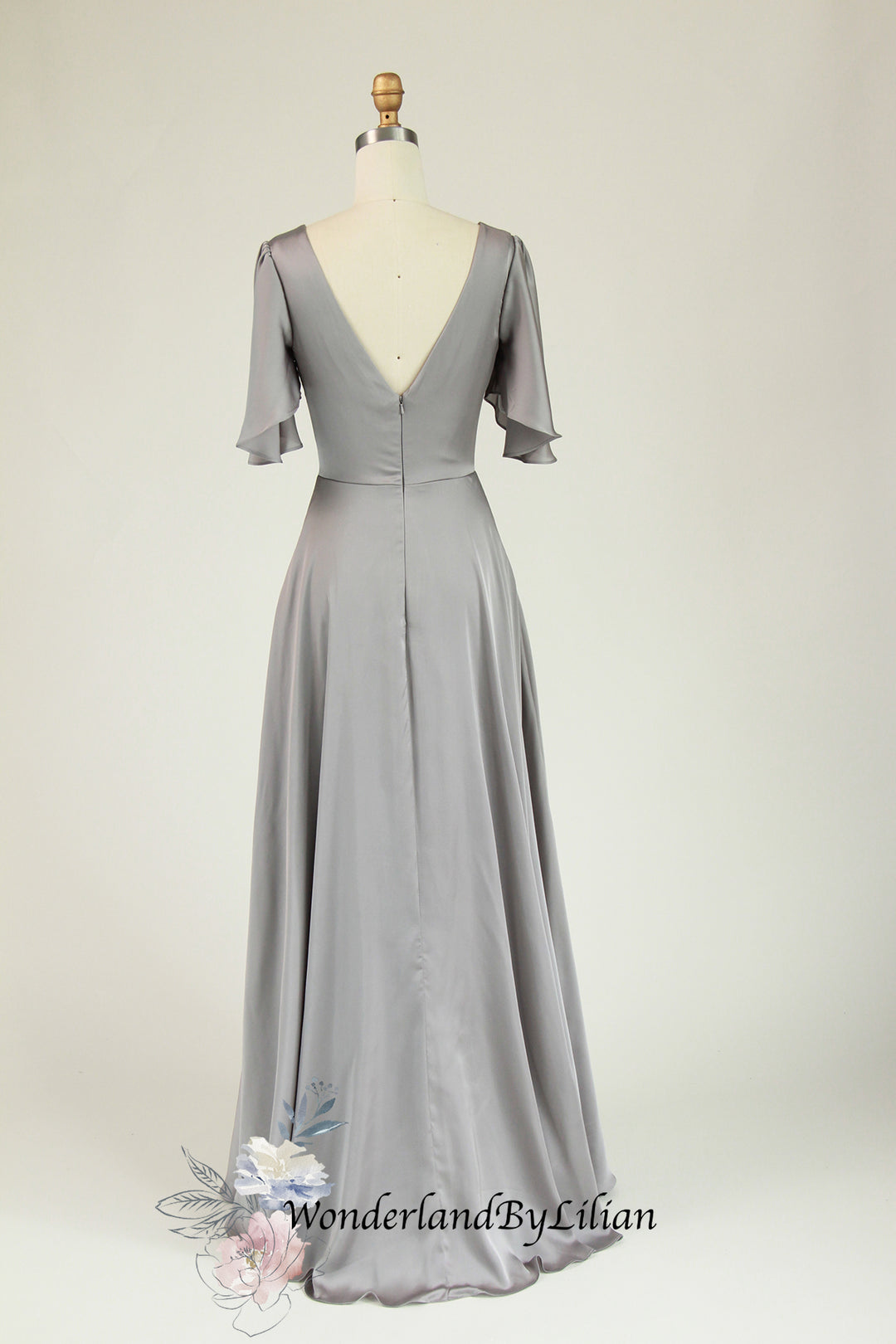 Silver Vintage Inspired Satin Chiffon Cap Sleeve Bridesmaid Dress - De WonderlandByLilian Silver Vintage Inspired Satin Chiffon Cap Sleeve Bridesmaid Dress - De WonderlandByLilian