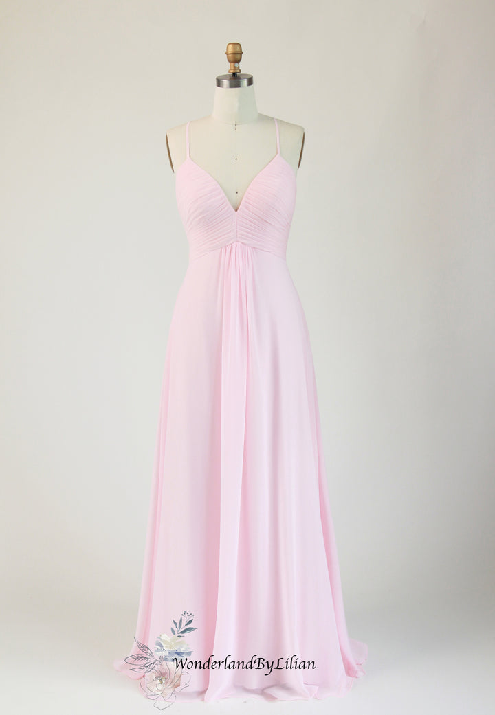 Blush Pink A-Line Chiffon Bridesmaid Dress with Pleated V-Neck - Pink Bridesmaid Dresses with Keyhole Back - Multiple Color - Plus Size
