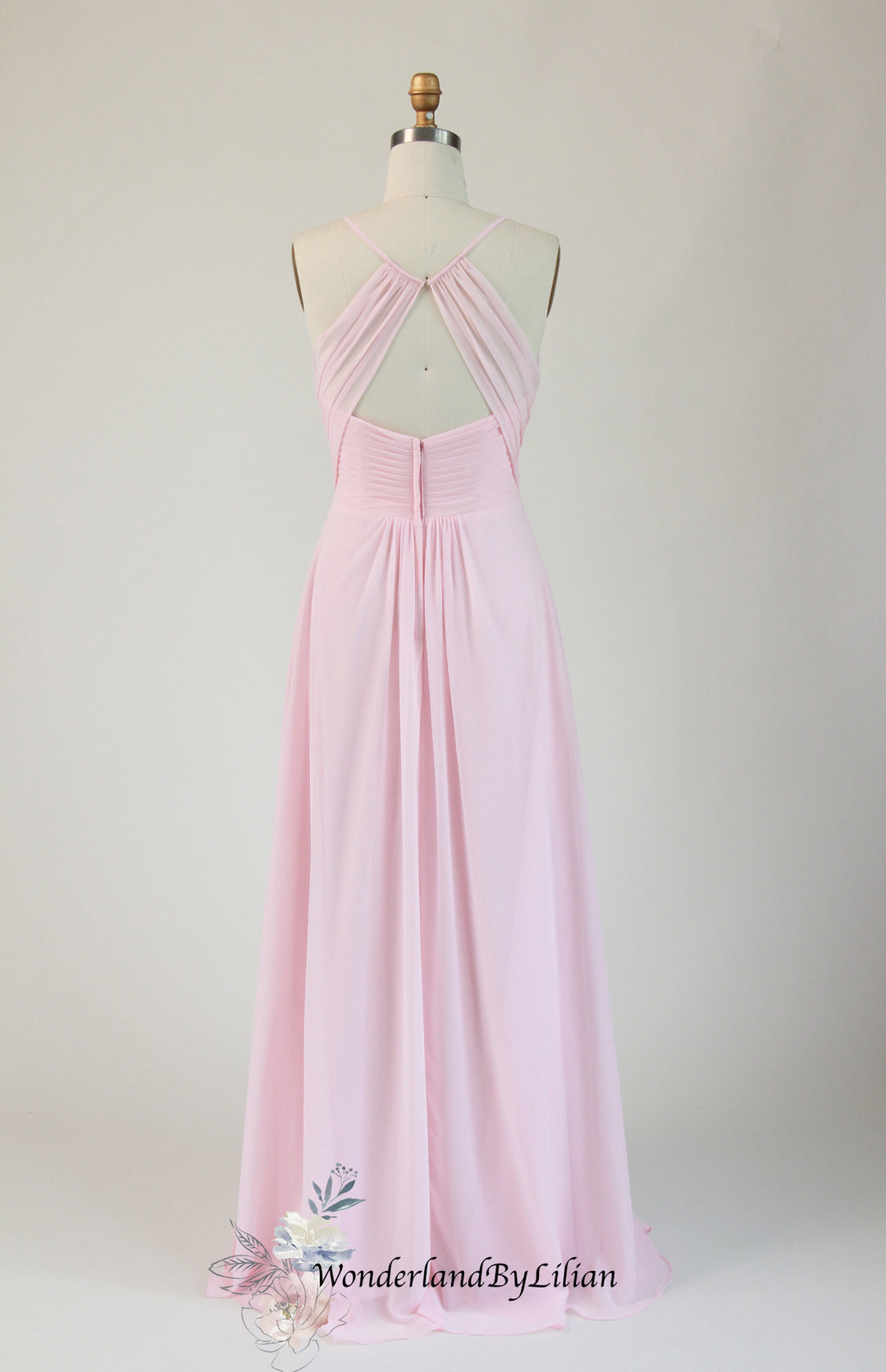 Blush Pink A-Line Chiffon Bridesmaid Dress with Pleated V-Neck - Pink Bridesmaid Dresses with Keyhole Back - Multiple Color - Plus Size