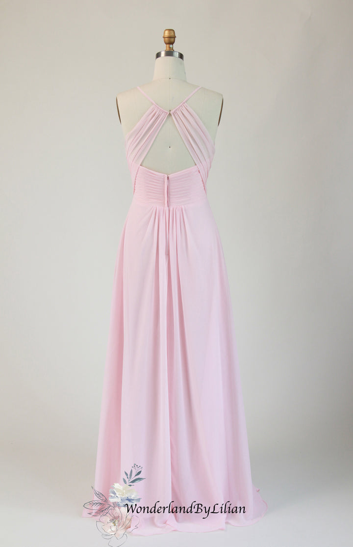 Blush Pink A-Line Chiffon Bridesmaid Dress with Pleated V-Neck - Pink Bridesmaid Dresses with Keyhole Back - Multiple Color - Plus Size