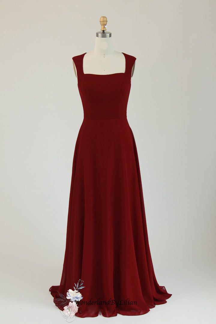 Classic Burgundy A-Line Bridesmaid Dress with Cap Sleeves - Burgundy Bridesmaid Dresses with Square Neckline - Multiple Colors - Plus Size