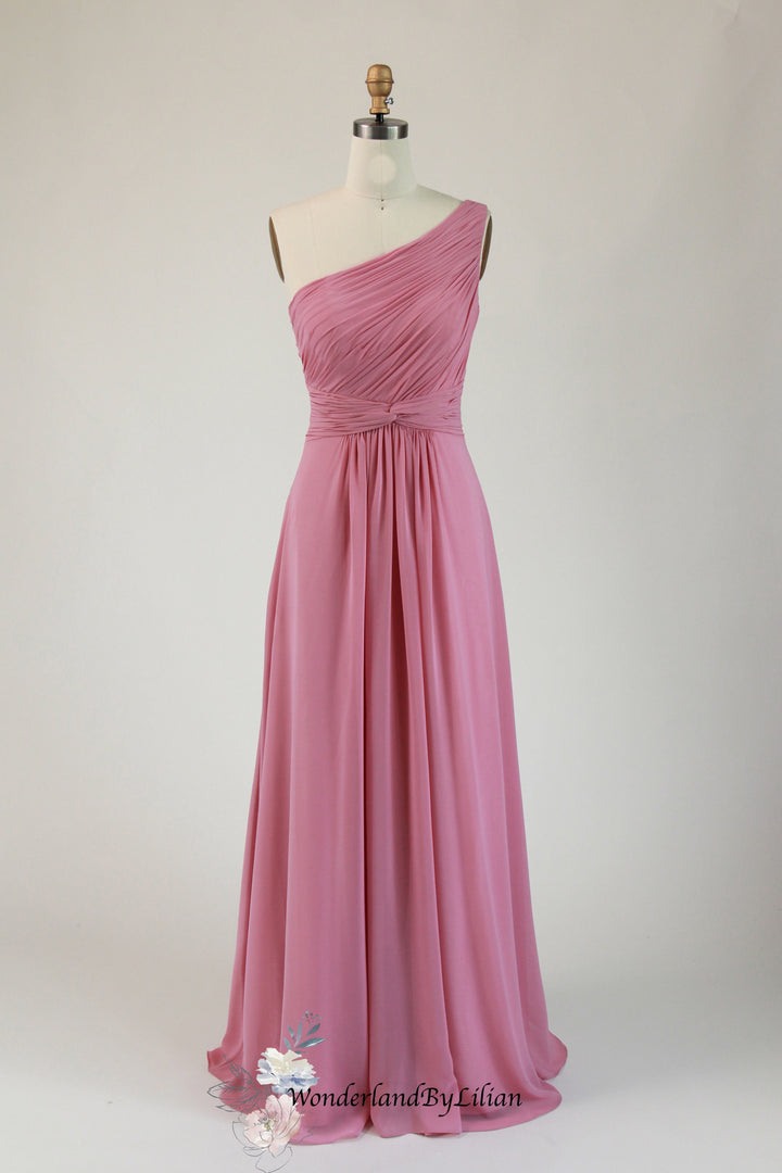 Rose Pink Chiffon Bridesmaid Dress with Pleated Bodice - Pink Bridesmaid Dresses with One-Shoulder - Multiple Color - Plus Size
