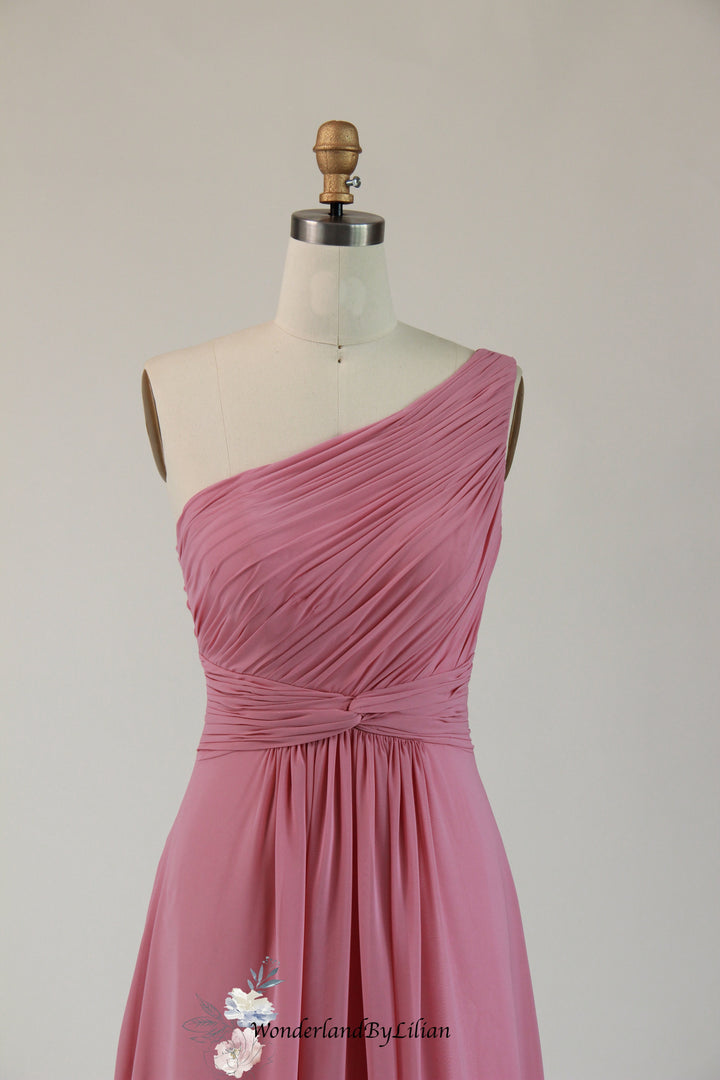 Rose Pink Chiffon Bridesmaid Dress with Pleated Bodice - Pink Bridesmaid Dresses with One-Shoulder - Multiple Color - Plus Size