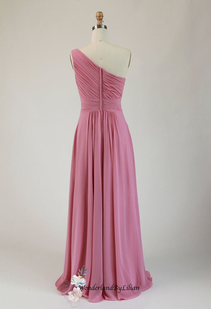 Rose Pink Chiffon Bridesmaid Dress with Pleated Bodice - Pink Bridesmaid Dresses with One-Shoulder - Multiple Color - Plus Size