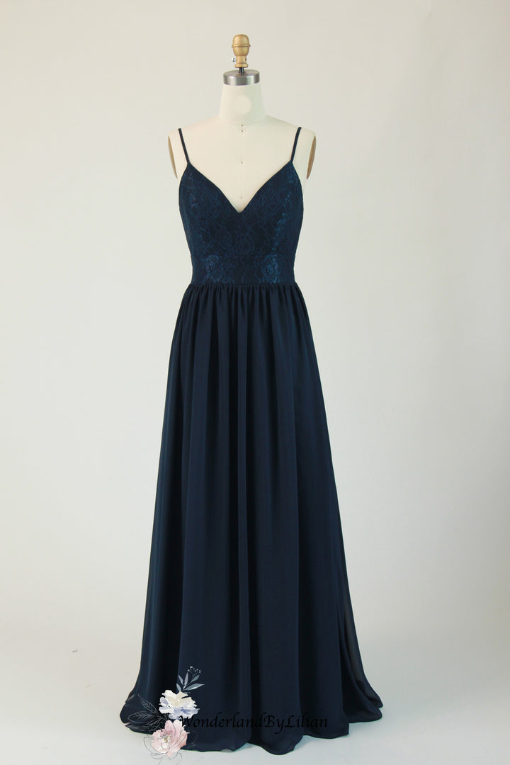 Navy Blue Bridesmaid dressesLace - Chiffon Bridesmaid Dress - Navy Bridesmaid Gown with V-Neck - Multiple Colors