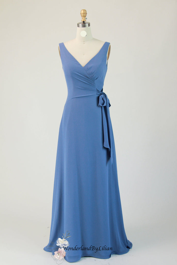 Blue Classic V-Neck A-Line Bridesmaid Dress with Wrap Bodice - Blue Bridesmaid Gown with Ruched Waist Tie - Multiple Colors - Plus Size