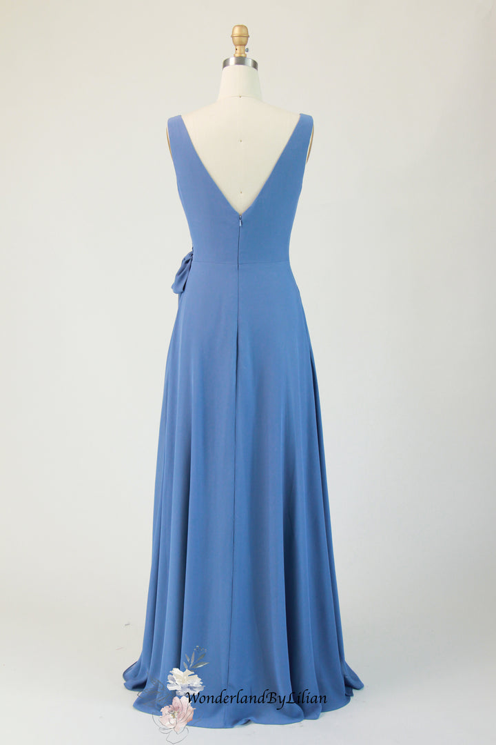 Blue Classic V-Neck A-Line Bridesmaid Dress with Wrap Bodice - Blue Bridesmaid Gown with Ruched Waist Tie - Multiple Colors - Plus Size